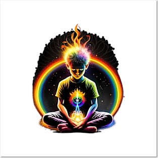 Rainbow Boy Meditation Amidst Fiery Heart Burst Tee (Design 2) Posters and Art